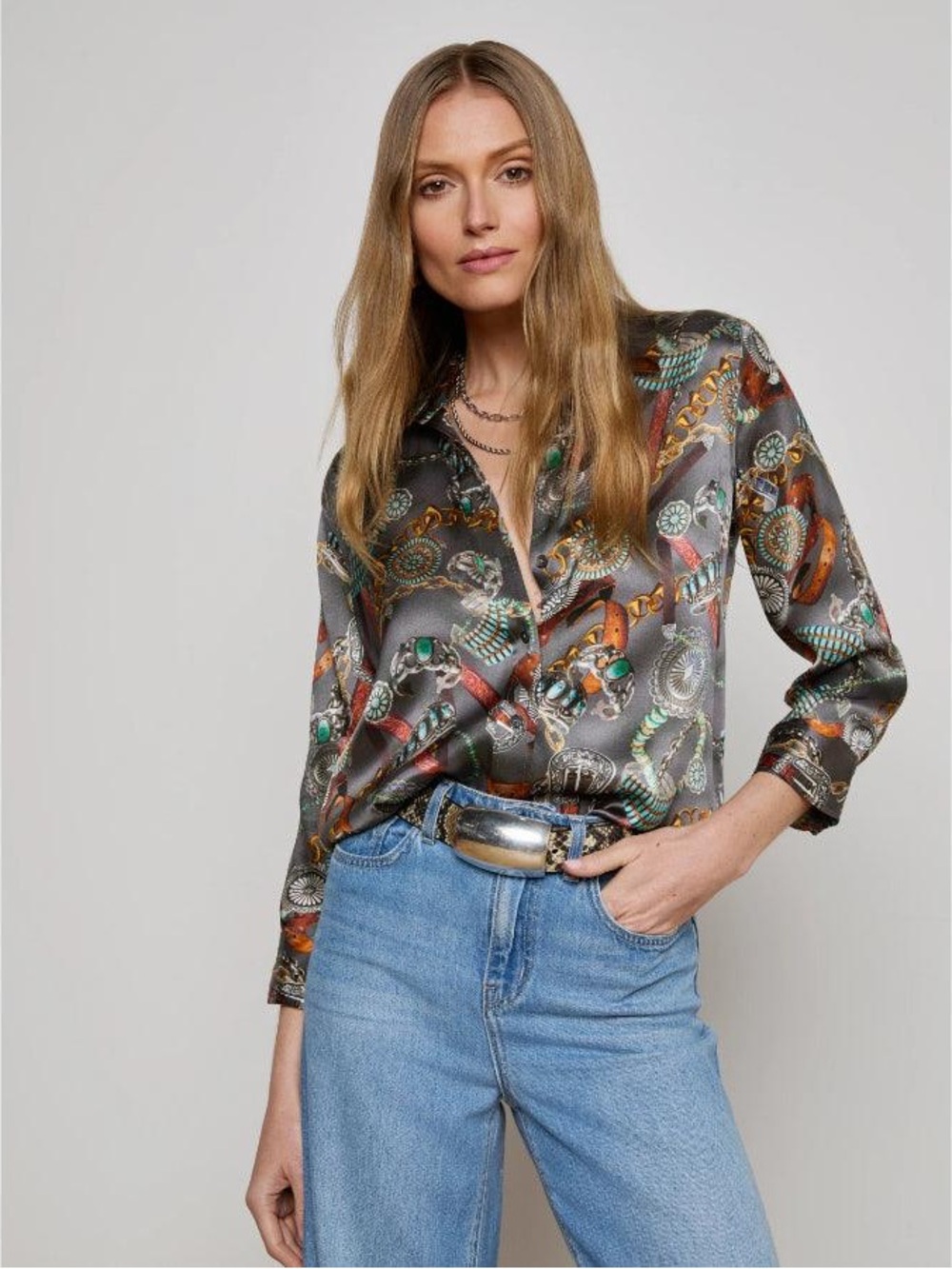 NWT L'Agence Dani Printed Silk Blouse In Multi Western Belt Print